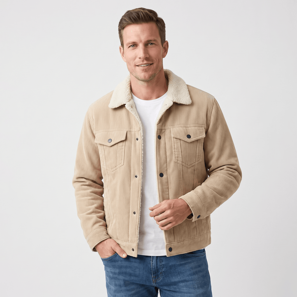 Men's corduroy jacket with contrasting sherpa collar, button front and chest pockets