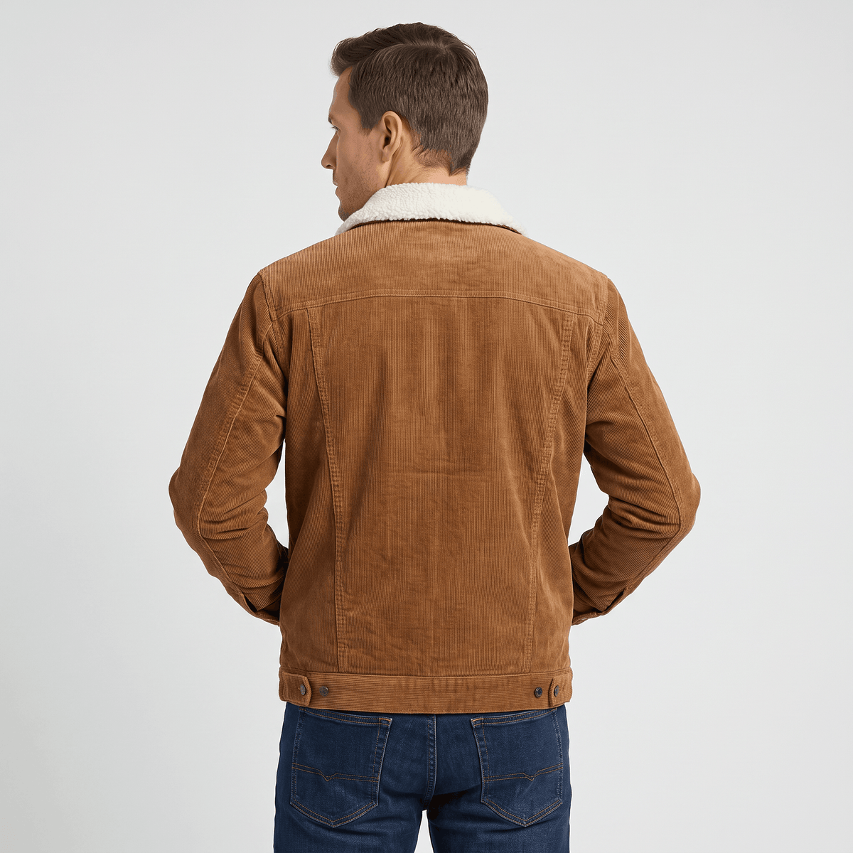 Men's corduroy jacket with contrasting sherpa collar, button front and chest pockets