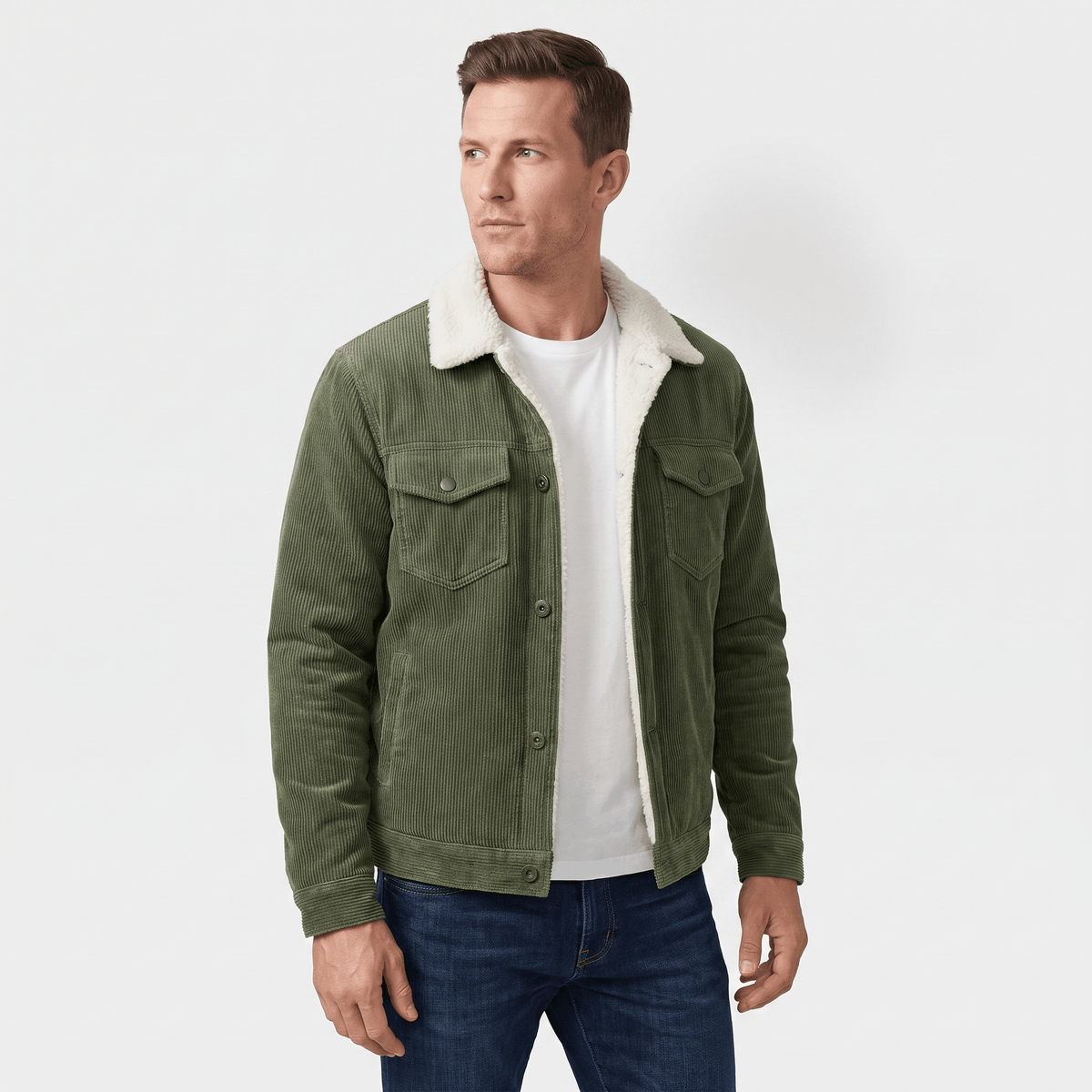 Men's corduroy jacket with contrasting sherpa collar, button front and chest pockets