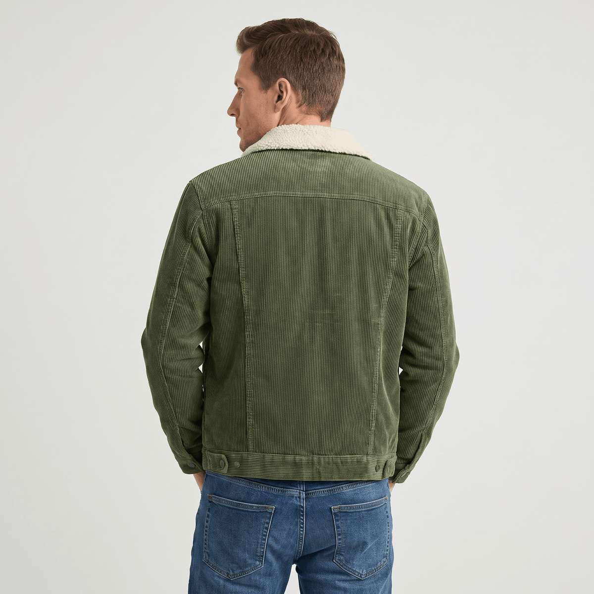 Men's corduroy jacket with contrasting sherpa collar, button front and chest pockets