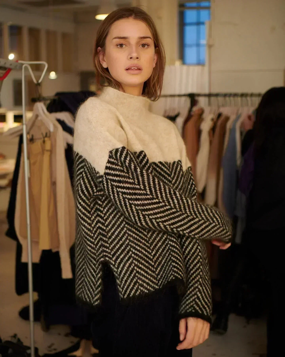 Women's long-sleeve herringbone turtleneck jumper with contrasting plain upper section