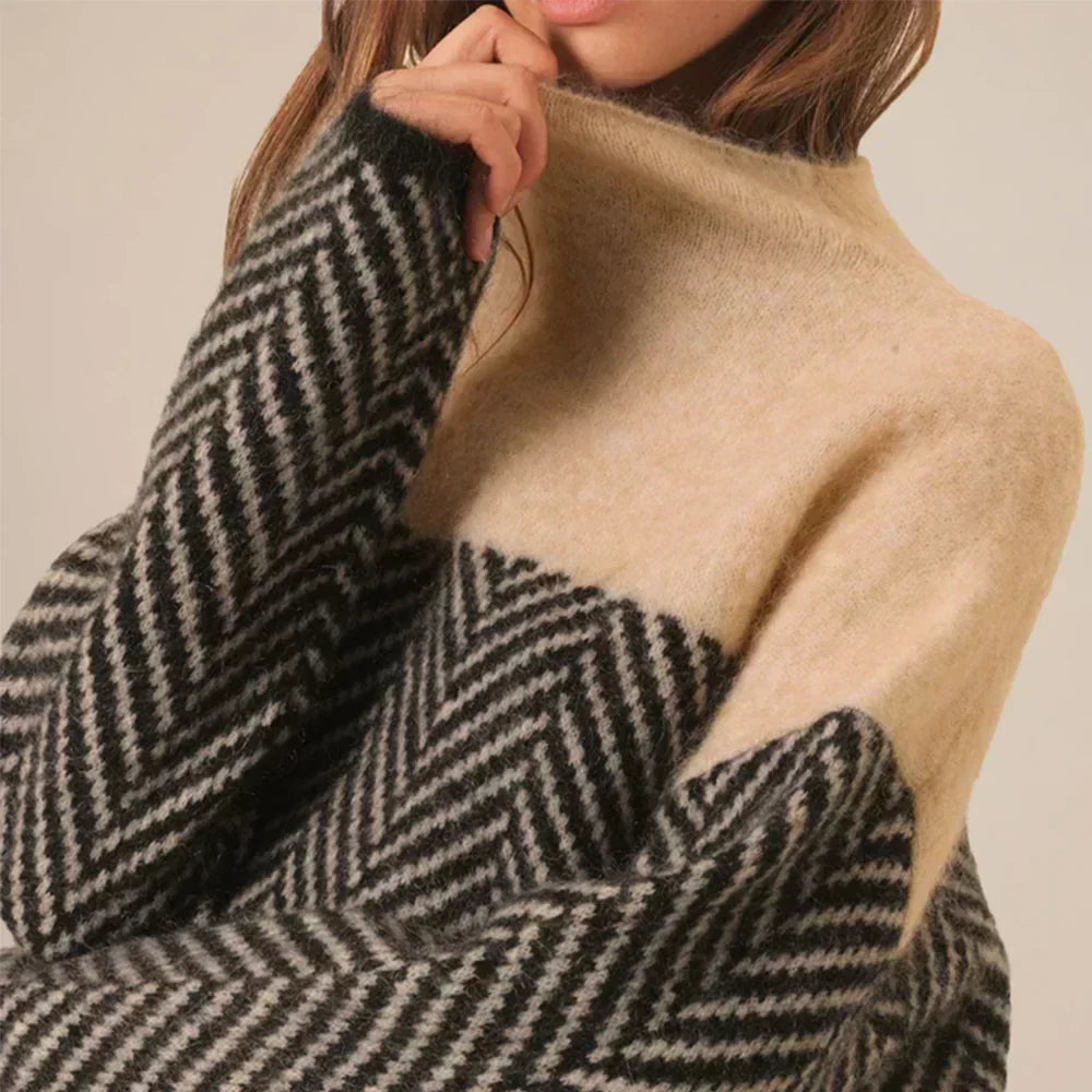 Women's long-sleeve herringbone turtleneck jumper with contrasting plain upper section