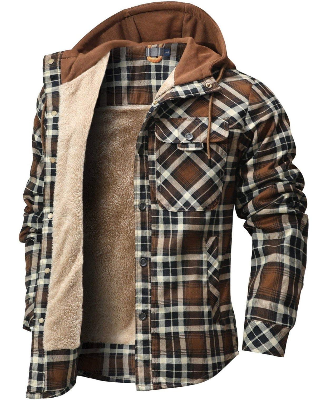Men's checked hooded jacket with button front, chest pockets and contrasting lining