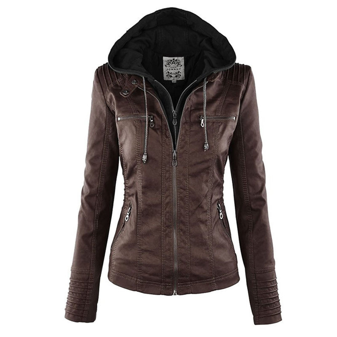 Women's hooded moto jacket with long sleeves, front zip and multiple zipped pockets