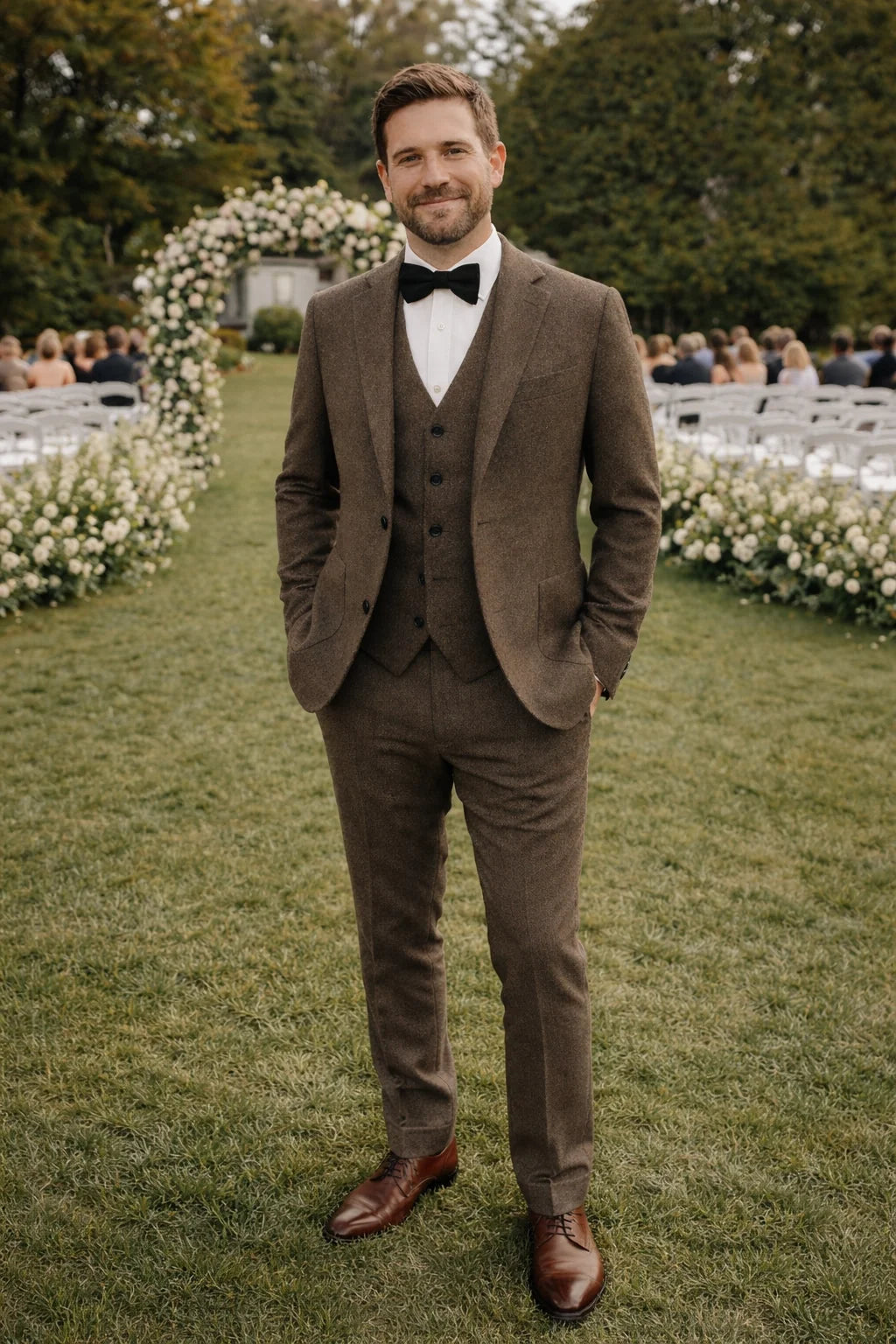Men's three-piece textured suit with notch lapels, waistcoat and matching trousers