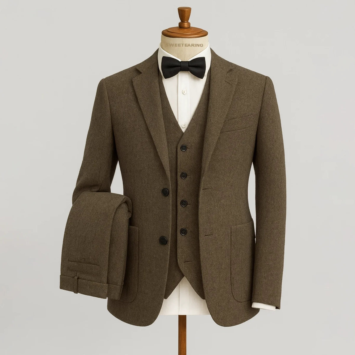 Men's three-piece textured suit with notch lapels, waistcoat and matching trousers