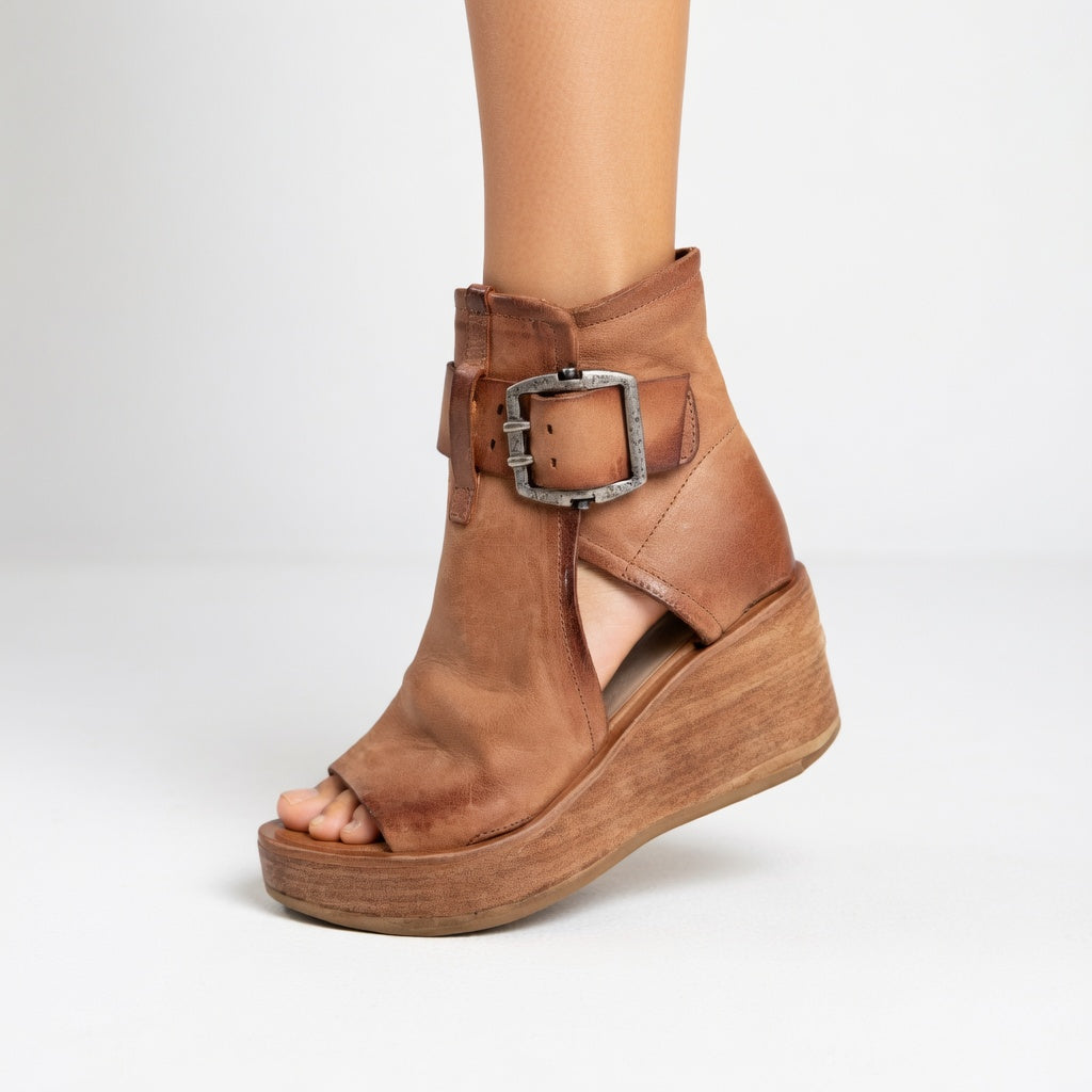 Women's open-toe wedge ankle boots with buckle strap and cut-out sides
