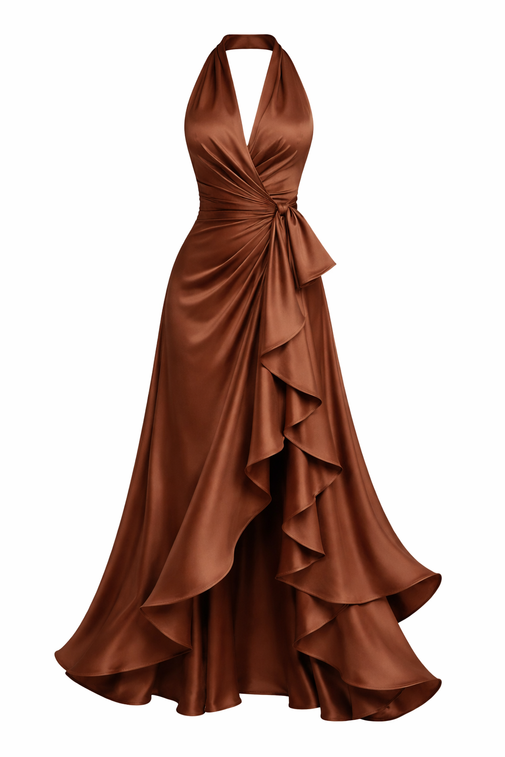 Women’s Satin Halter Ruffle Dress | Brown