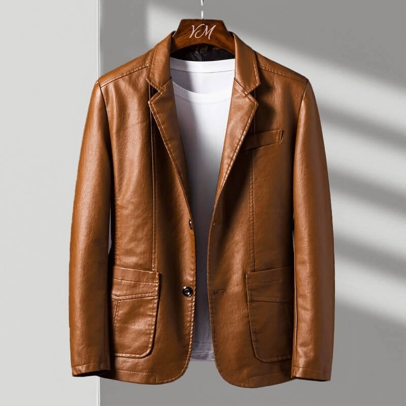 Men's structured leather jacket with notched collar, button front and patch pockets
