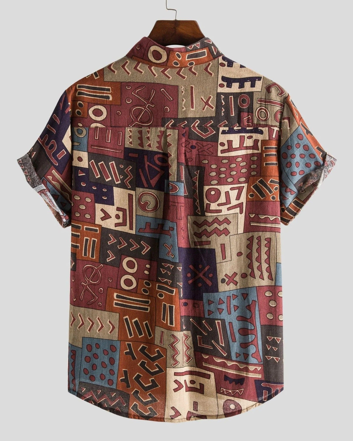 Men's short sleeve button shirt with geometric and leaf patterns