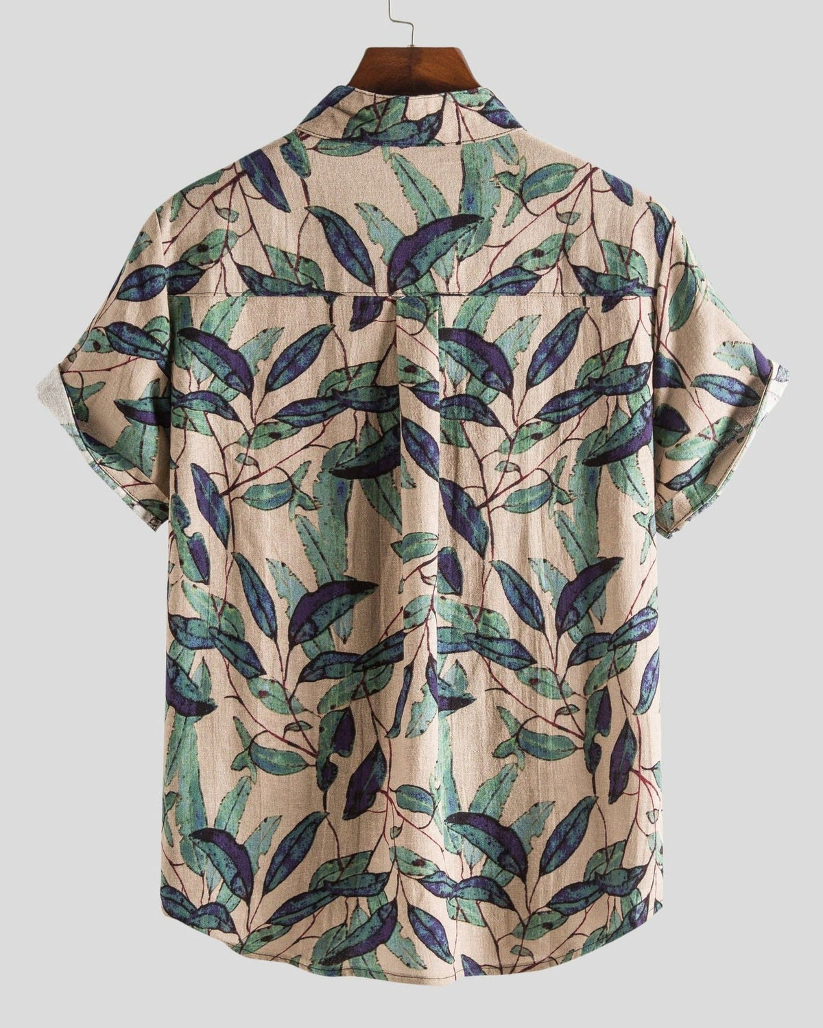 Men's short sleeve button shirt with geometric and leaf patterns