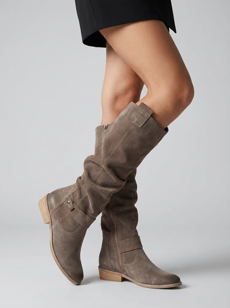 Women's knee-high slouch boots with buckle straps, side zip and low block heels