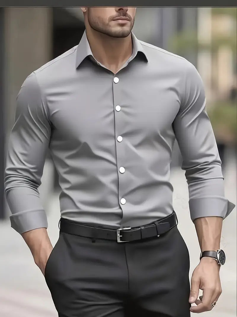 Men's slim fit long-sleeve button-up shirt with collared neckline