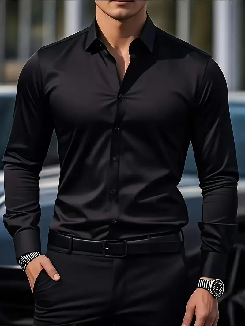 Men's slim fit long-sleeve button-up shirt with collared neckline