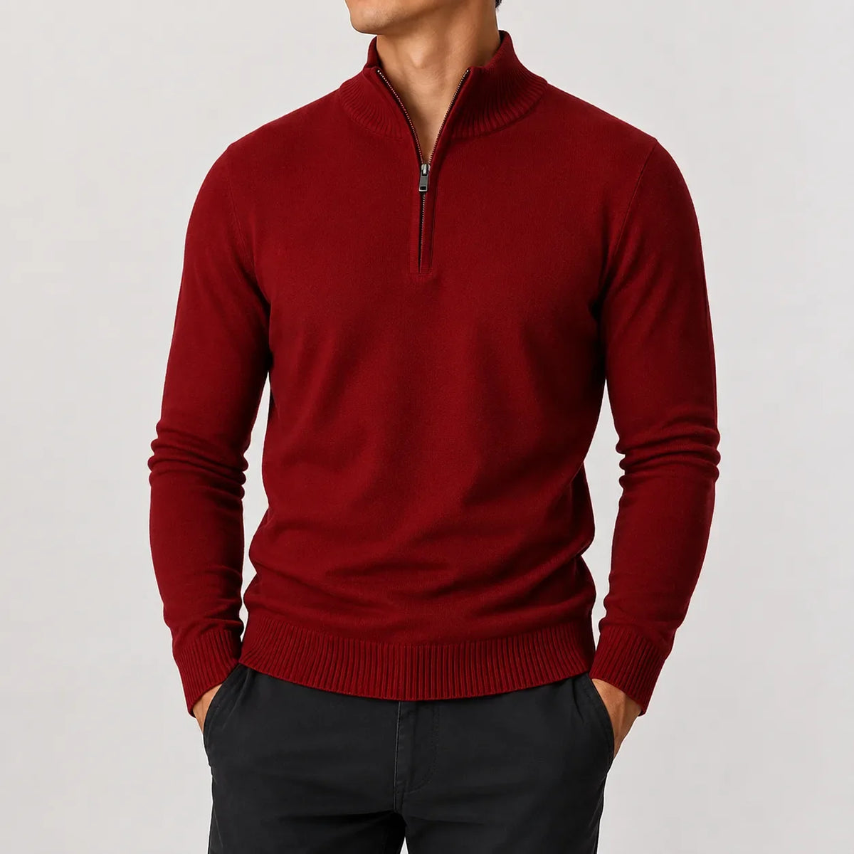 Men's long-sleeve mock neck zip-up jumper with ribbed trims