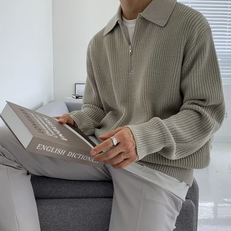 Men's textured half-zip jumper with collared neckline and long sleeves