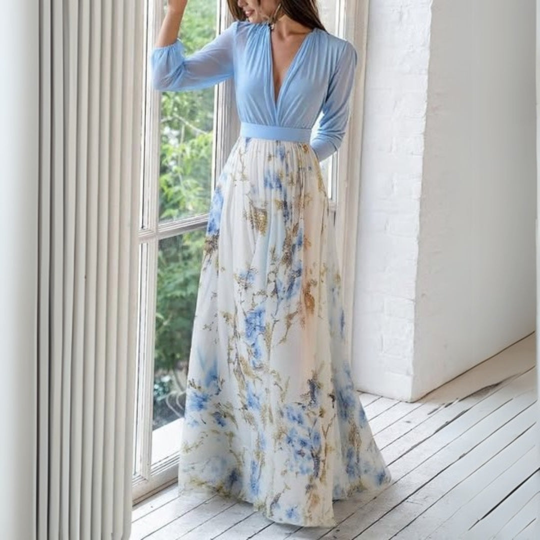 Women's Floral Maxi Dress Long Sleeve Wrap Waist Flowing Fit | Floral Blue
