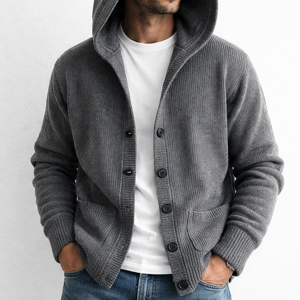 Men's hooded ribbed knit cardigan with button front and patch pockets