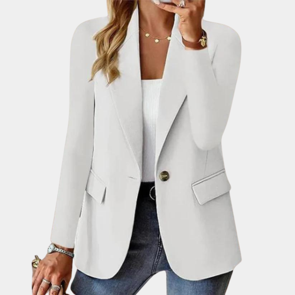Women's tailored blazer with notched lapels, single button and flap pockets