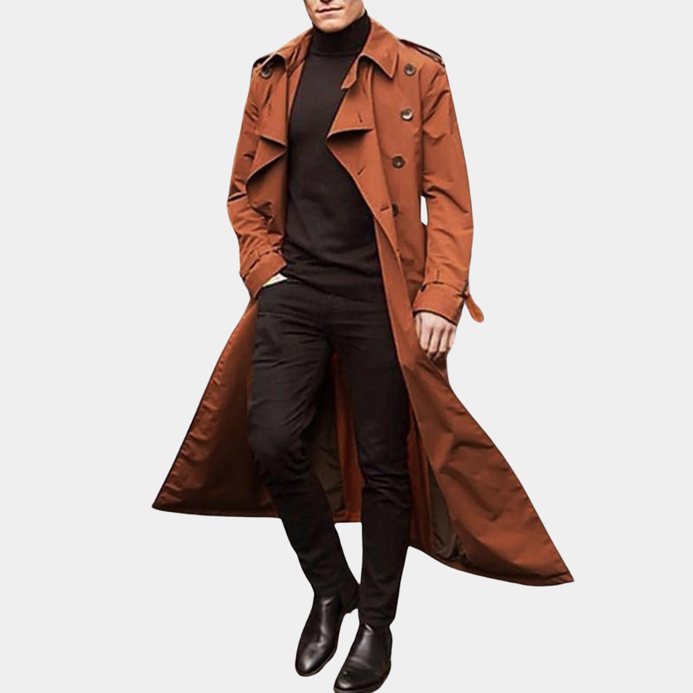 Men's long double-breasted trench coat with notched collar and cuff straps