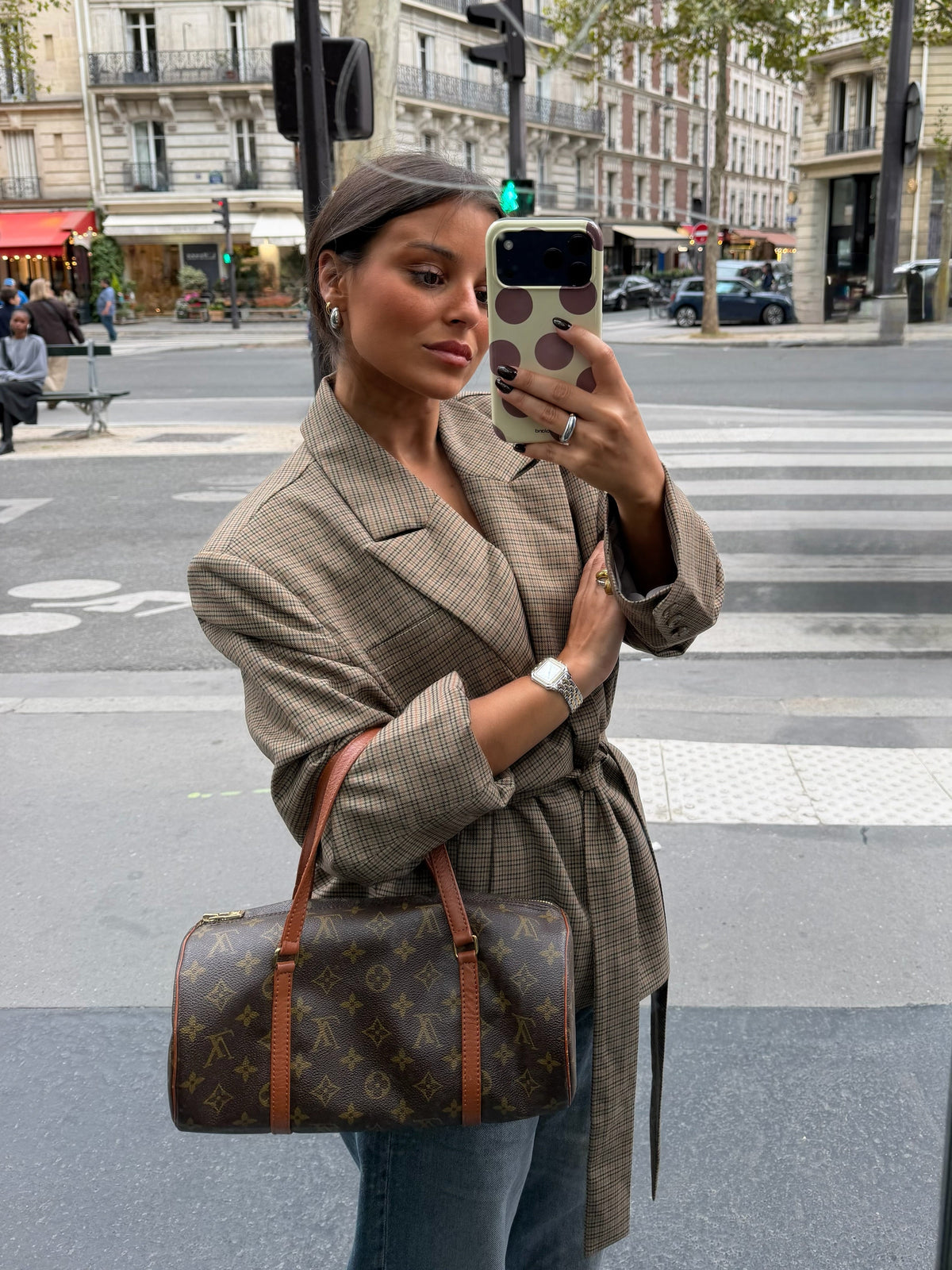 Women's brown checked wrap blazer with lapel collar and tie waist