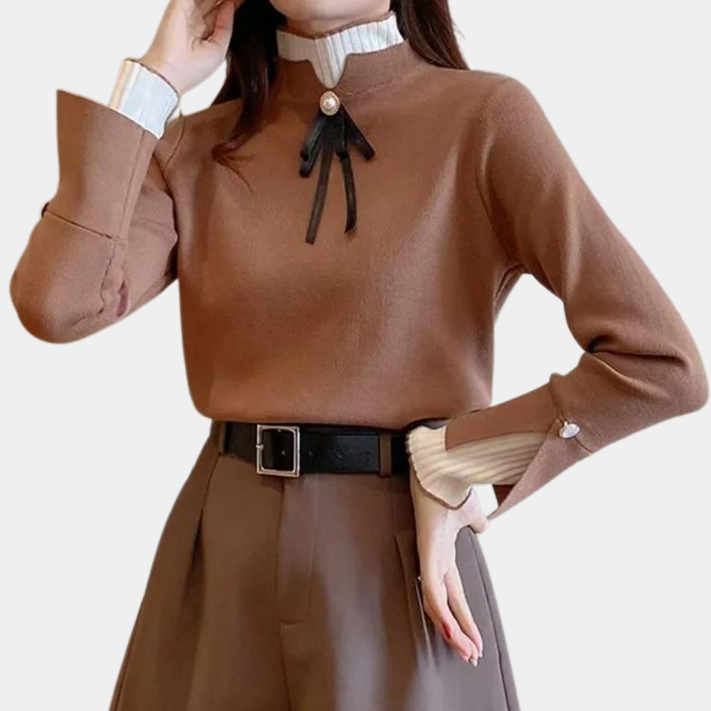 Women's fitted jumper with high ribbed neck, long sleeves and bow detail