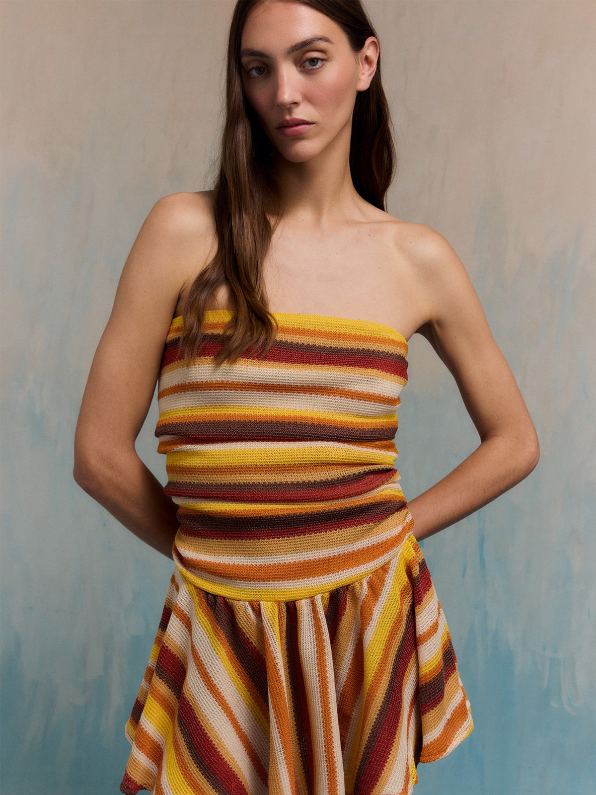 Women's multicoloured striped strapless knit mini dress with flared skirt