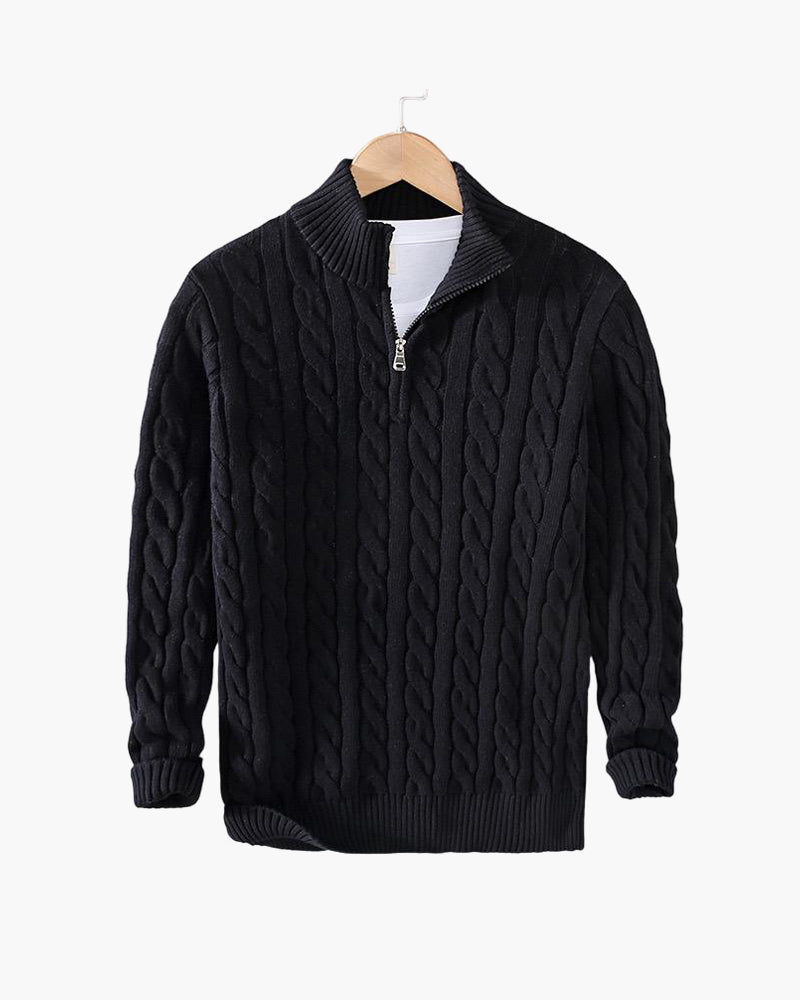 Men's cable knit half-zip sweater with mock neck and long sleeves
