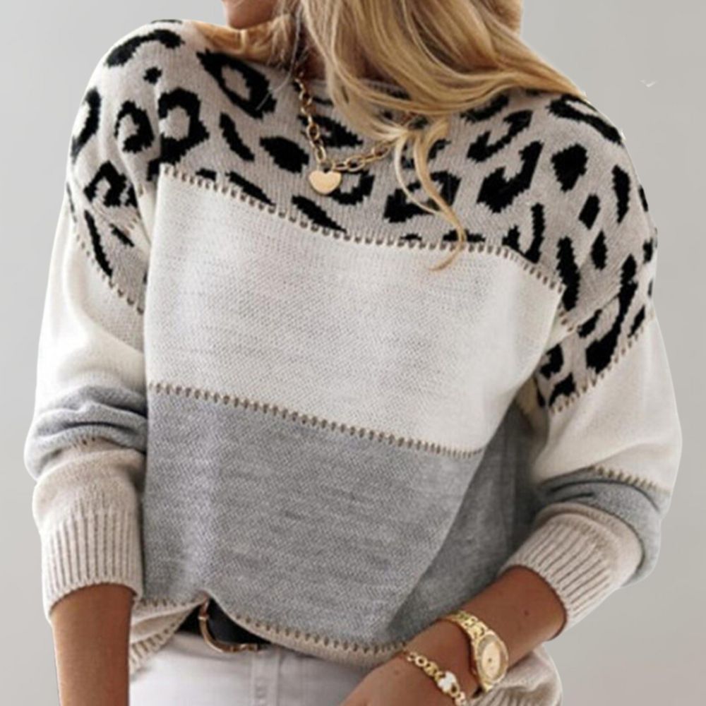 Women's colourblock jumper with leopard print panel and long sleeves
