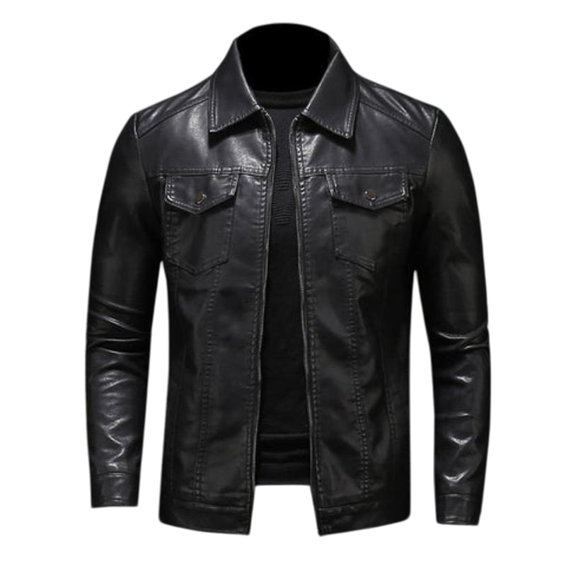 Men's black jacket with pointed collar, zip front and flap chest pockets