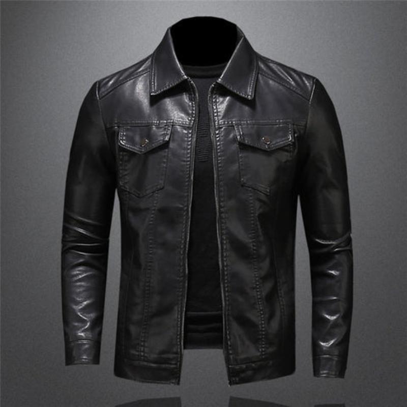 Men's black jacket with pointed collar, zip front and flap chest pockets