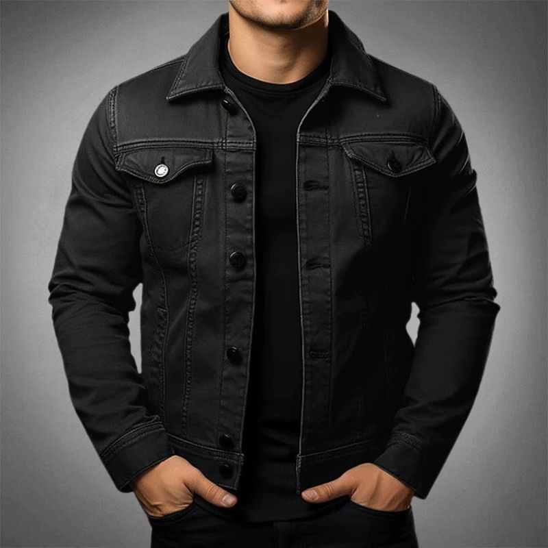 Men's long-sleeve denim jacket with pointed collar, button front and chest pockets