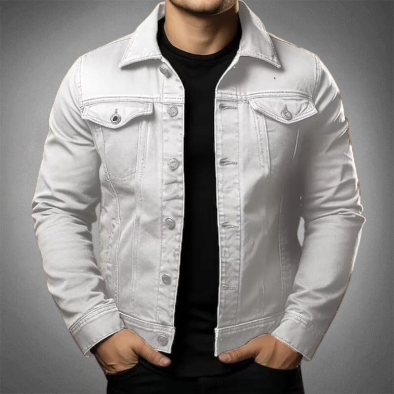 Men's long-sleeve denim jacket with pointed collar, button front and chest pockets