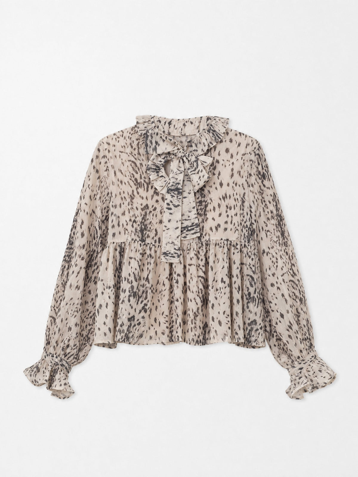 Women's beige animal print blouse with frill collar and long sleeves