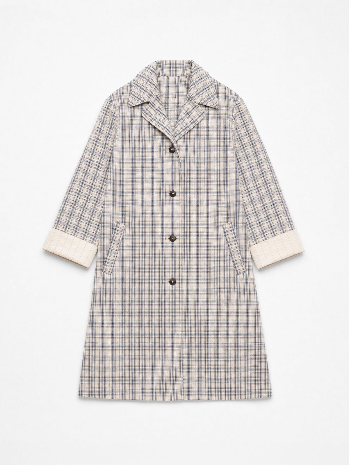 Women's beige checked long trench coat with notched collar and button front