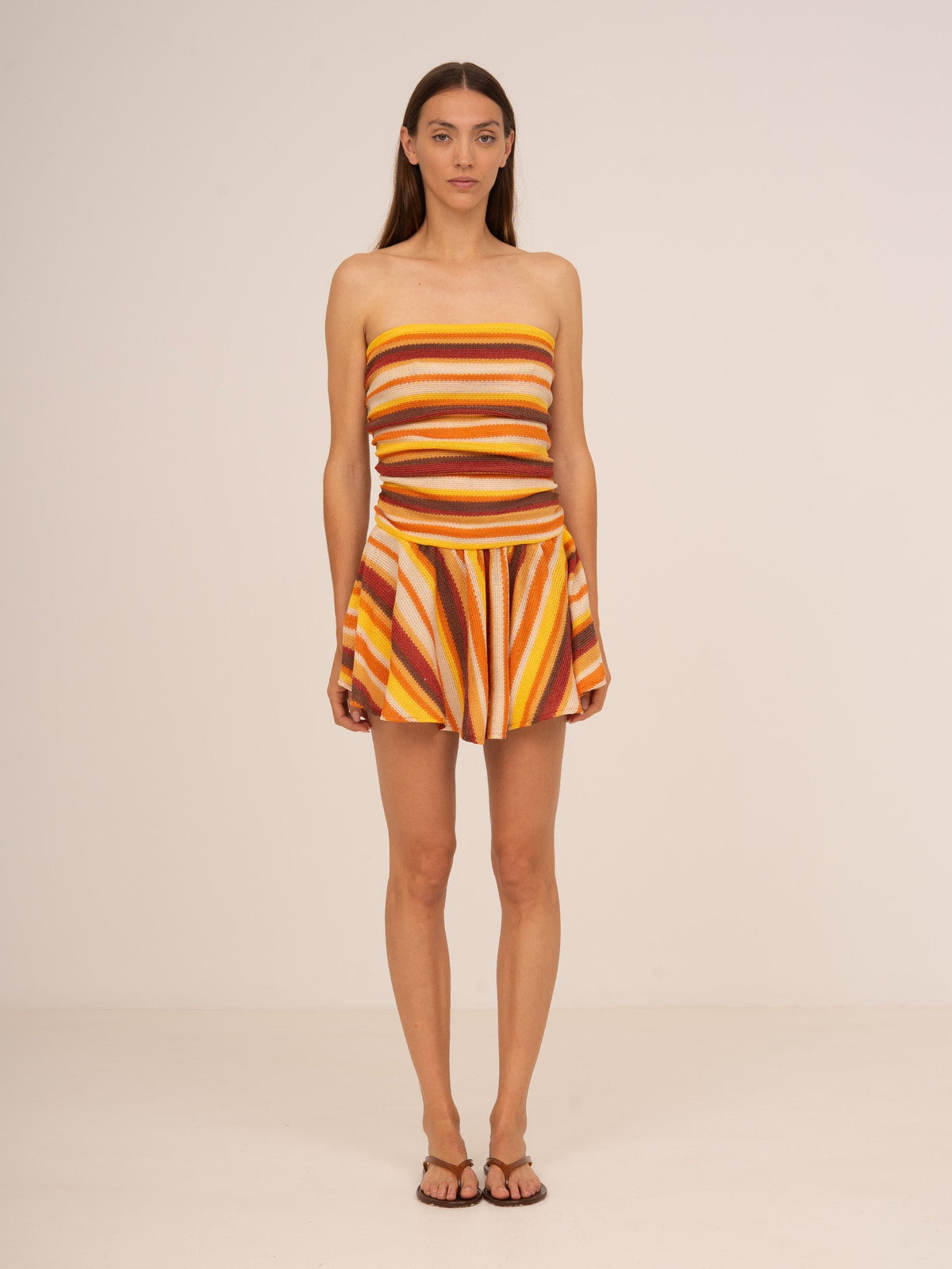 Women's multicoloured striped strapless knit mini dress with flared skirt