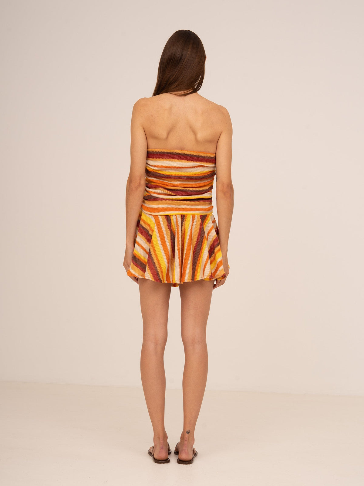 Women's multicoloured striped strapless knit mini dress with flared skirt