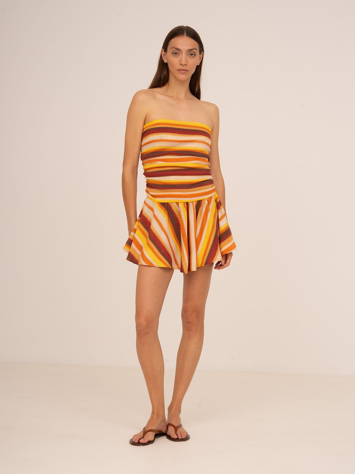 Women's multicoloured striped strapless knit mini dress with flared skirt