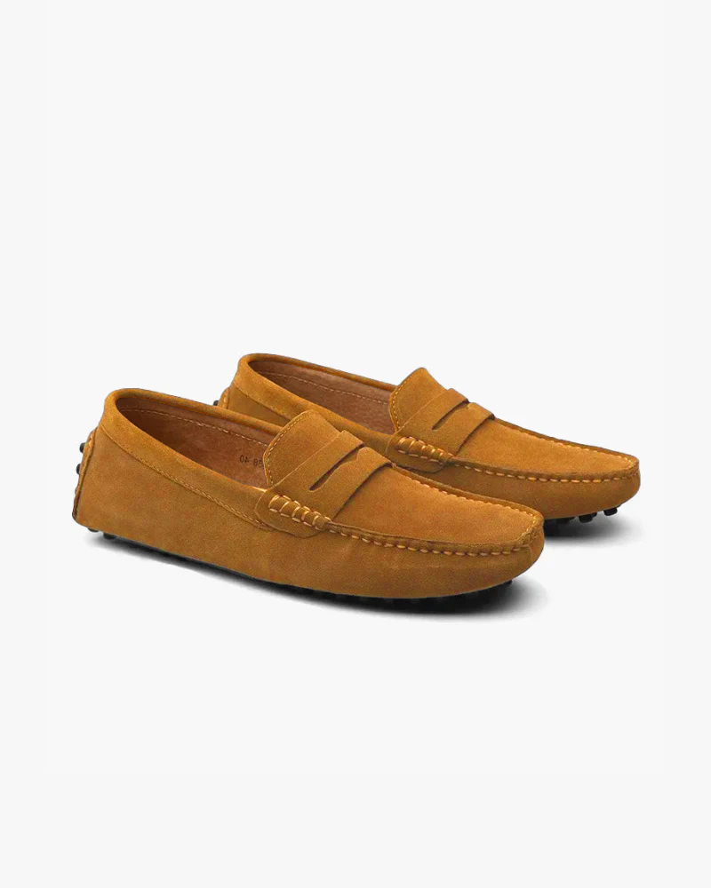 Men's penny loafers with moc toes, stitched trim and low flat soles