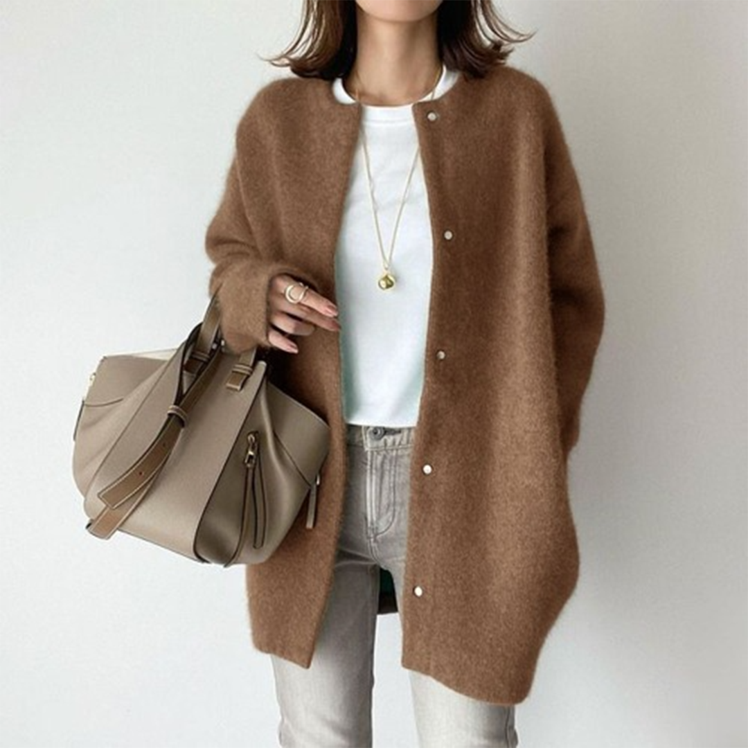 Women's longline button-front cardigan with round neckline and long sleeves