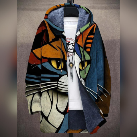Women's multicoloured cat print hooded jacket with long sleeves and zip front