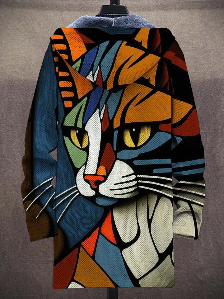 Women's multicoloured cat print hooded jacket with long sleeves and zip front