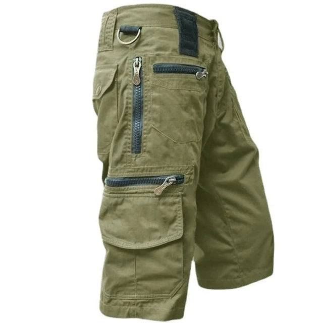 Men's Cargo Shorts Multi-Pocket Zip-Detail Cotton - Olive Green