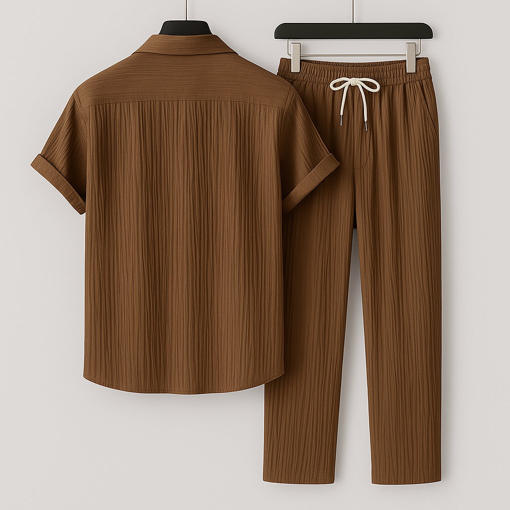 Men’s Textured Summer Co-Ord Set | Relaxed Open-Collar Shirt & Drawstring Trousers