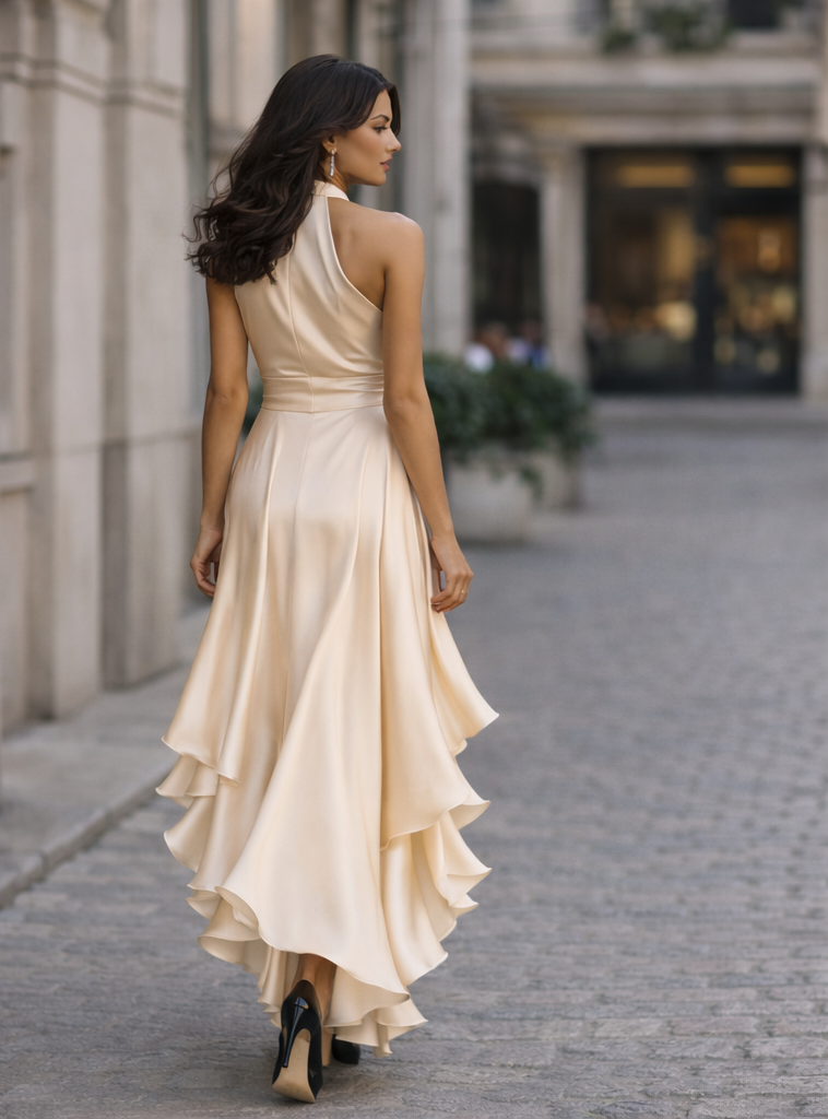 Women’s Satin Halter Ruffle Dress | Champagne Gold