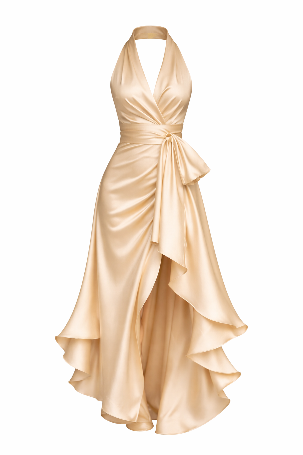 Women’s Satin Halter Ruffle Dress | Champagne Gold