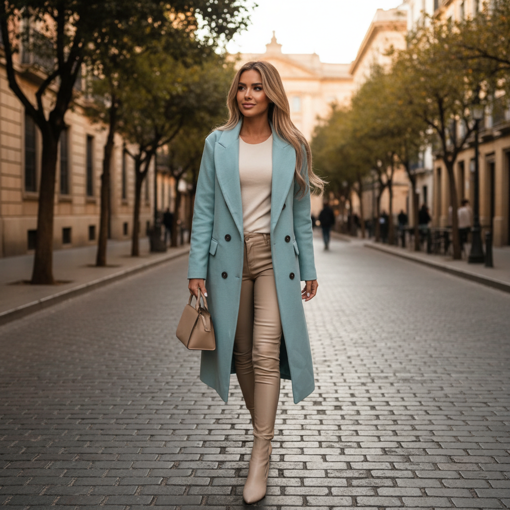 Women's longline double-breasted coat with lapels and flap pockets