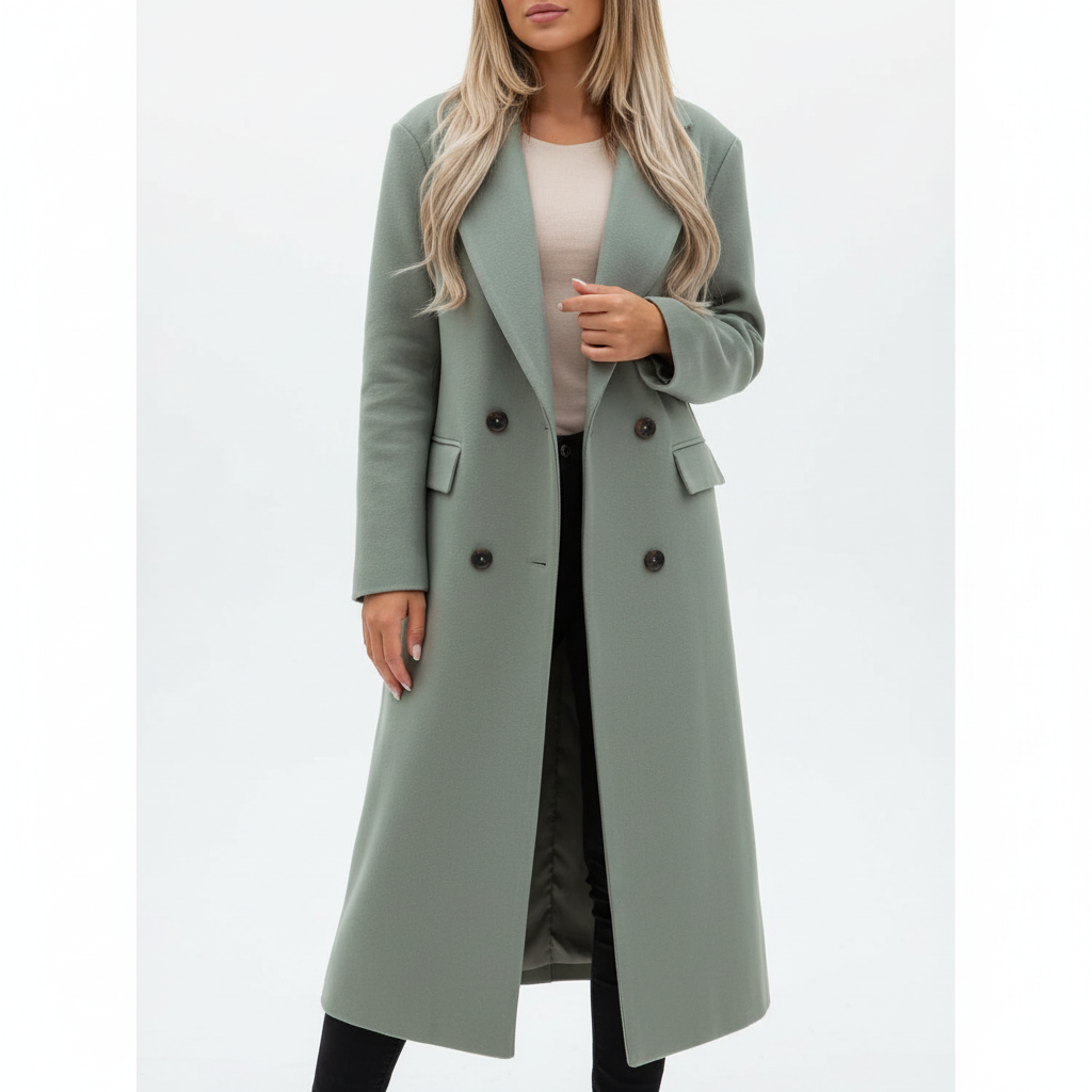 Women's longline double-breasted coat with lapels and flap pockets