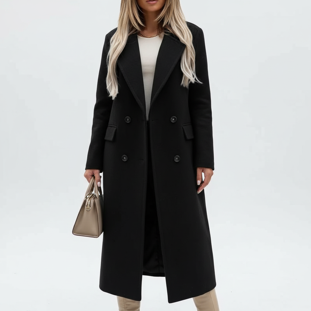 Women's longline double-breasted coat with lapels and flap pockets