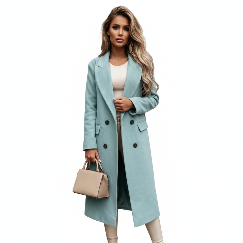 Women's longline double-breasted coat with lapels and flap pockets